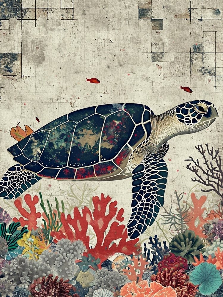 Sea Turtle Coral Textured Collage 1