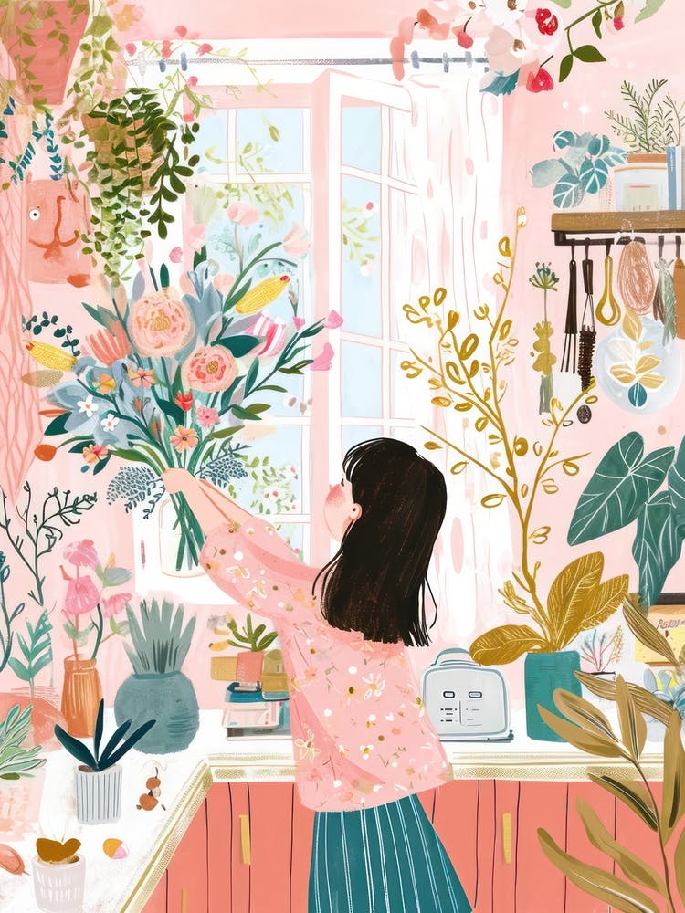 Girl With Flower Bouquet Lo Fi Kawaii Illustration 2