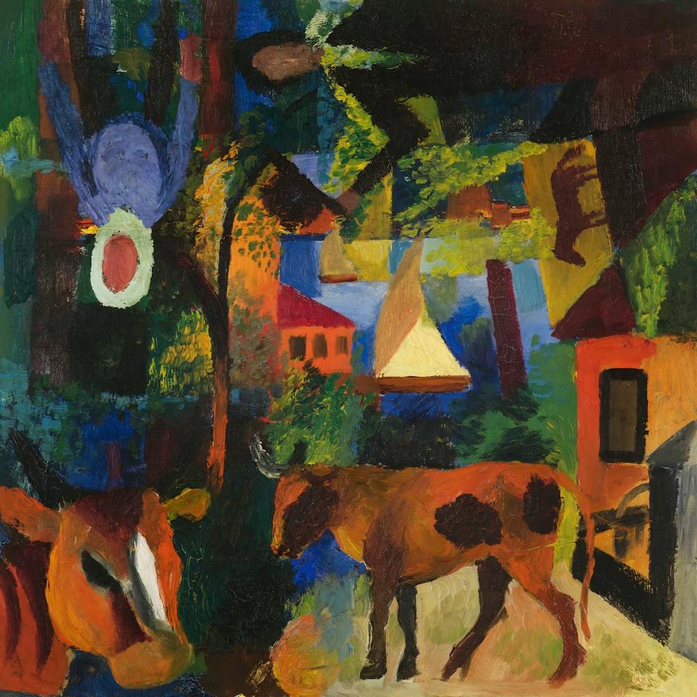 August Macke Landscape With Cows, Sailboat, And Painted In Figures (1914)