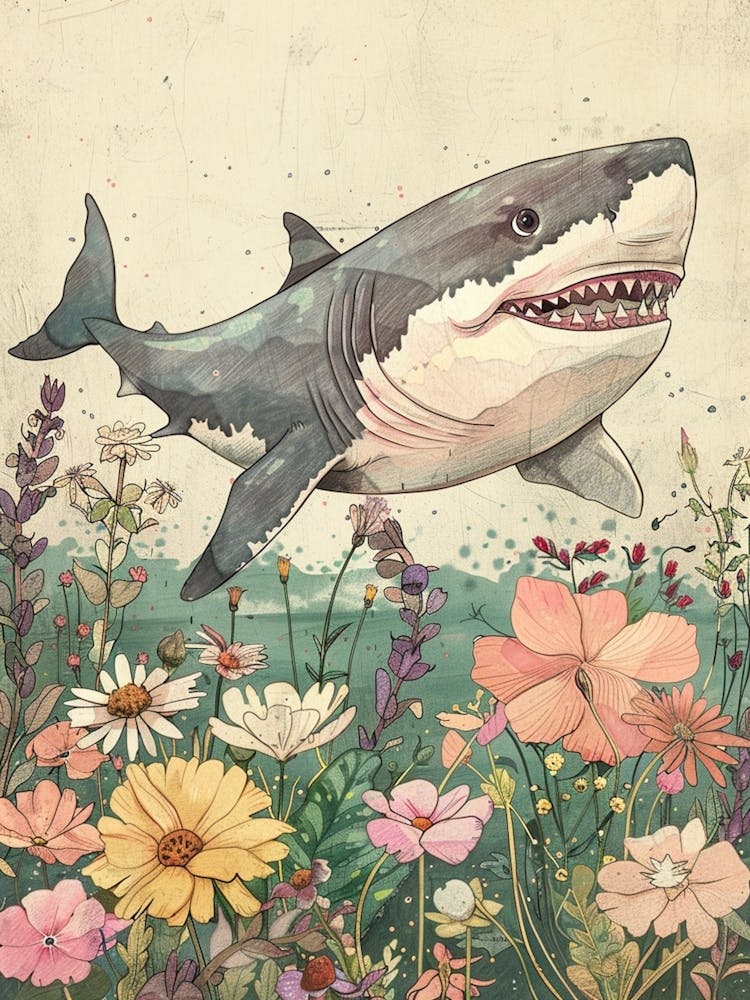 Shark With The Flowers Detailed Line Illustration