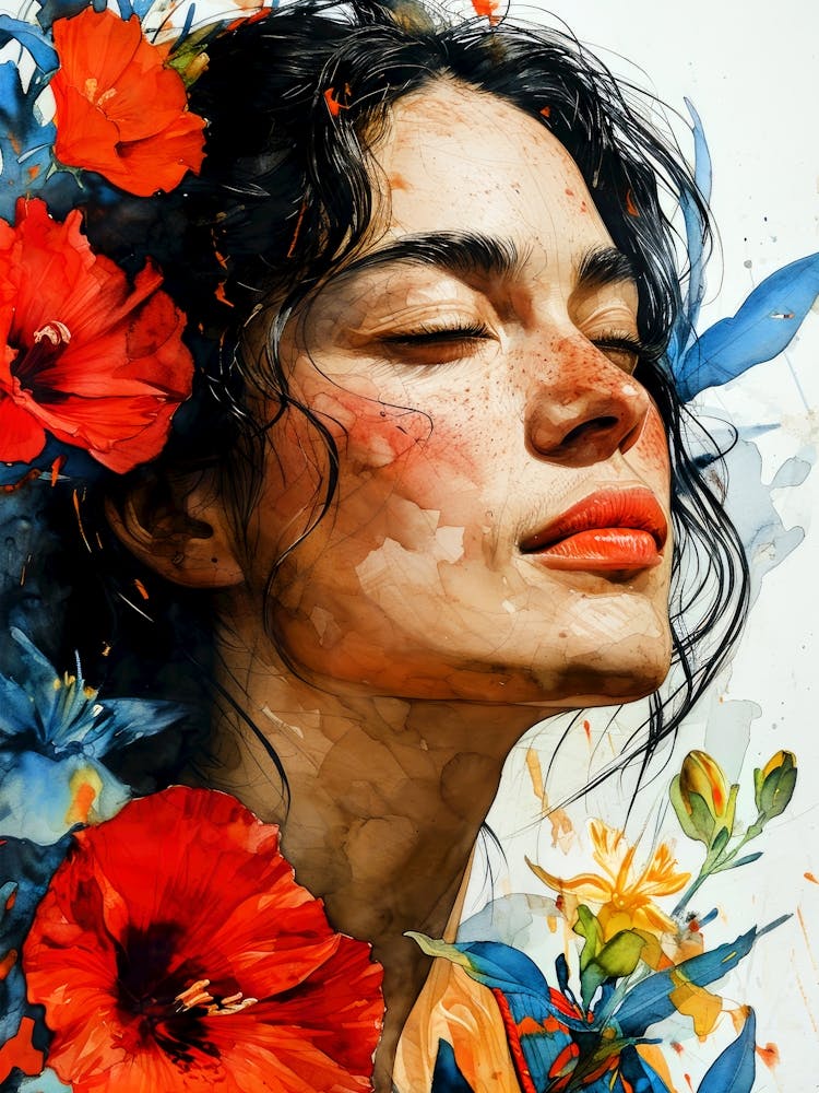 Watercolor Of A Woman With Flowers painting