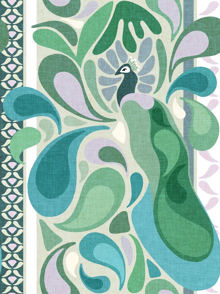 Retro Deco Peacock Paisley Stripes in Earthy muted Pastel green blue pink