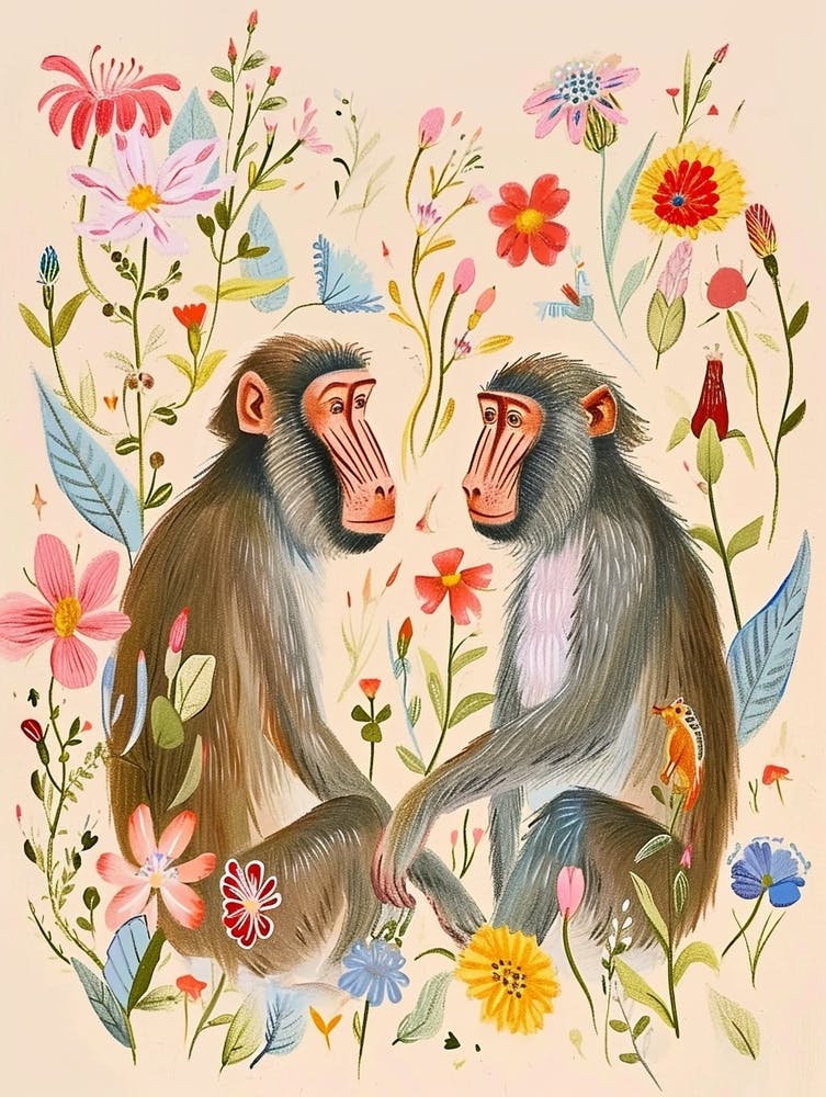 Folksy Floral Animal Drawing Baboon