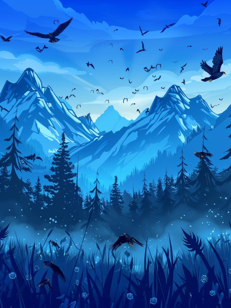 Mountain Landscape With Birds