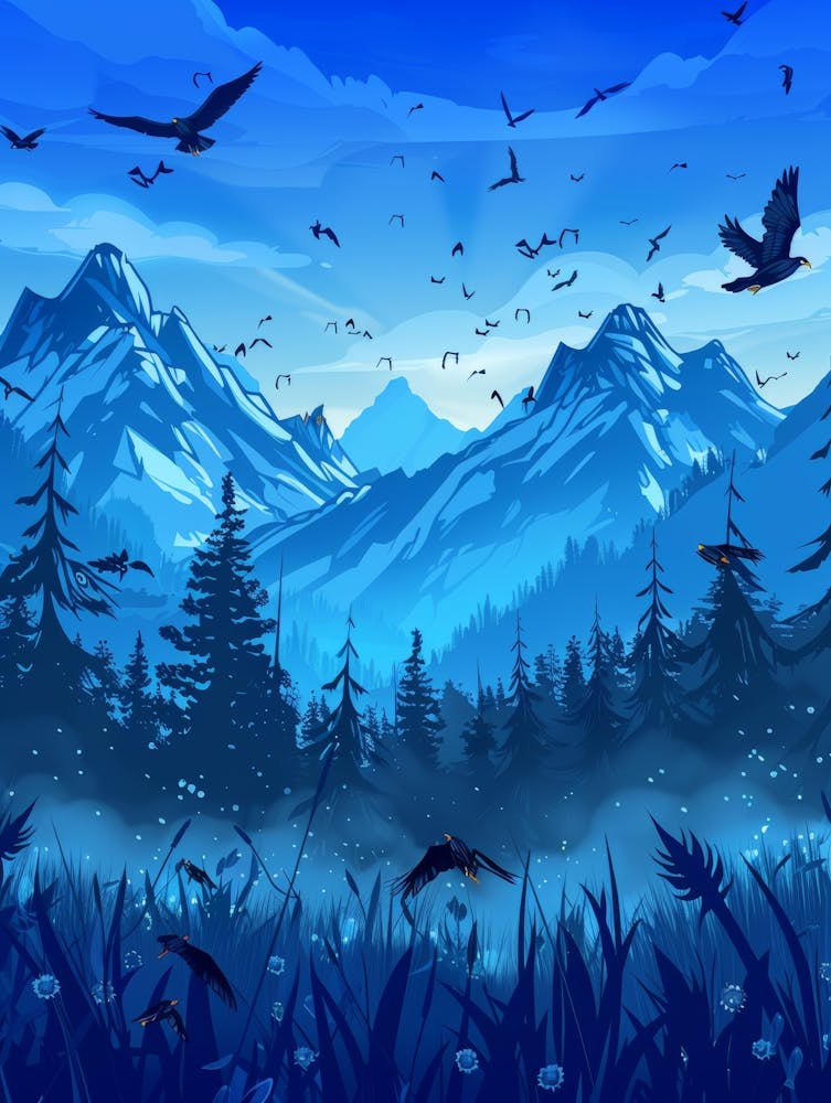 Mountain Landscape With Birds