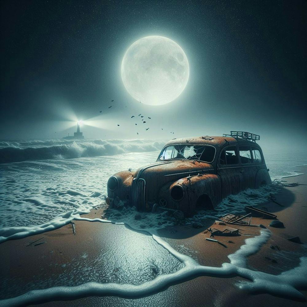 Verlassenes Auto am Strand mit Fluss 1