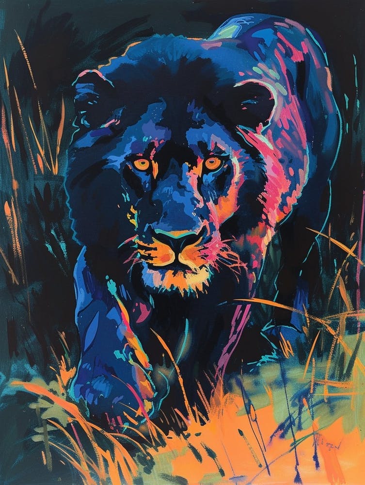 Black Lion Night Hunt Fauvist Painting 3