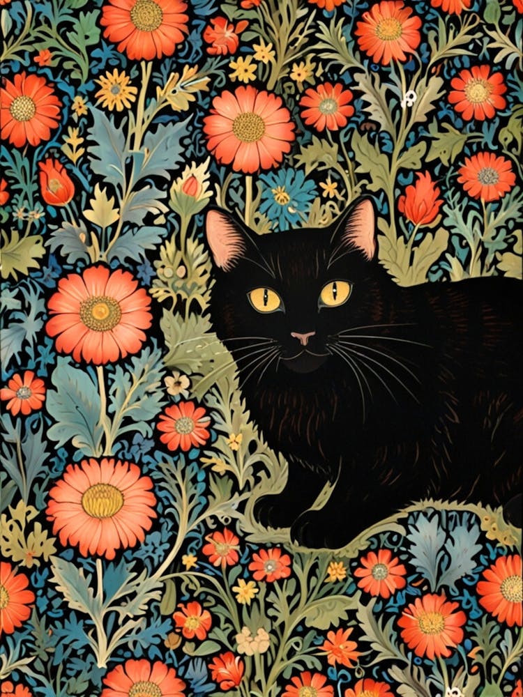 William Morris Black Cat In Flowers 5