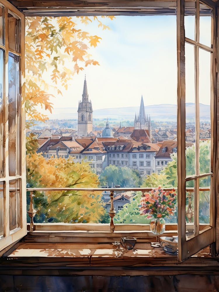 Window View Of Bern Switzerland In Autumn Fall, Watercolour 1
