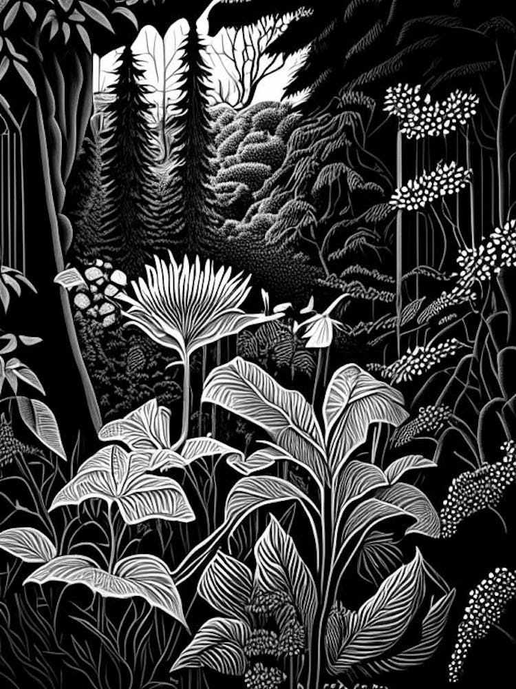 University Of British Columbia Botanical Garden, Canada Linocut Black And White Vintage