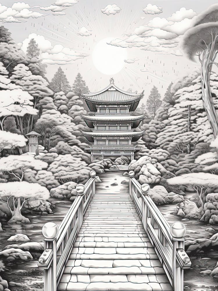Ise Grand Shrine In Mie, Ukiyo E Black And White Line Art Drawing 4