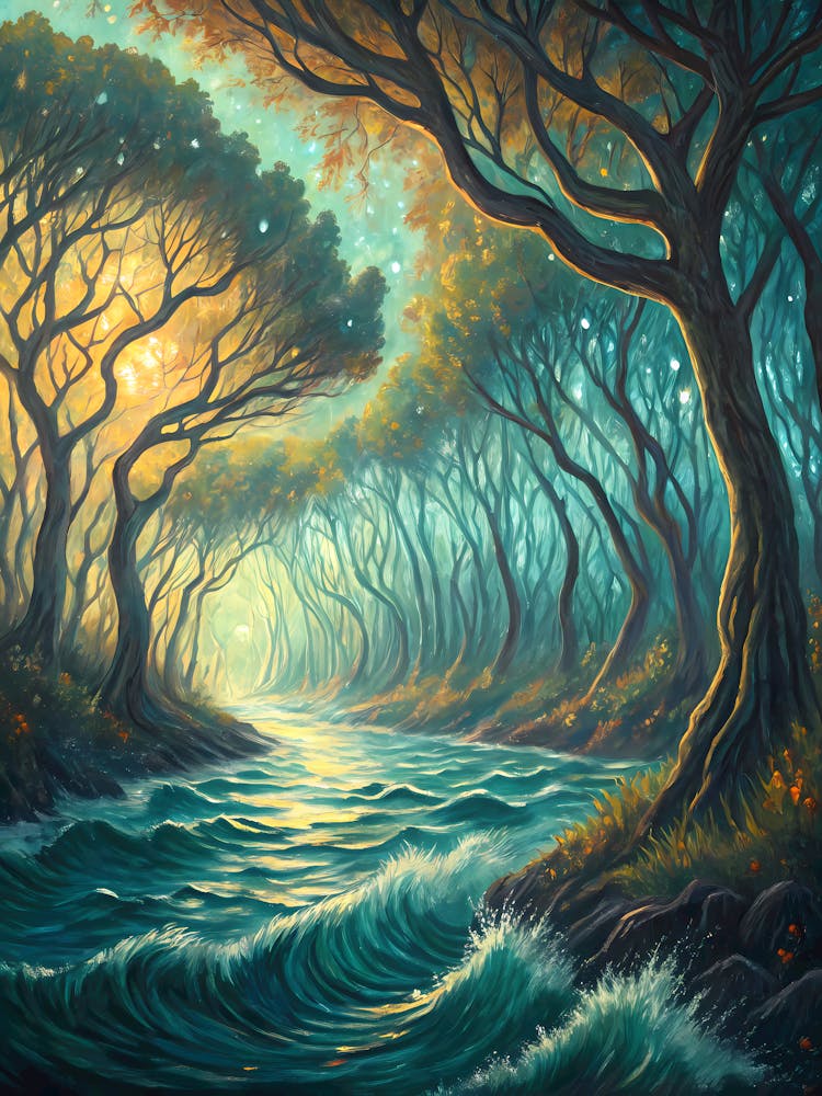 Van Gogh Style Enchanted Forest River & Glowing Trees