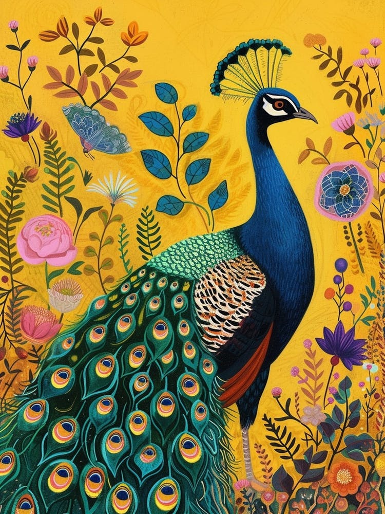 Whimsical Floral Portrait Of A Peacock 2