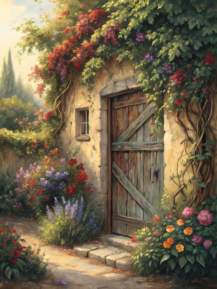 Oil Painting Style Rustic Floral Barn Door Enchanting Countryside Entrance