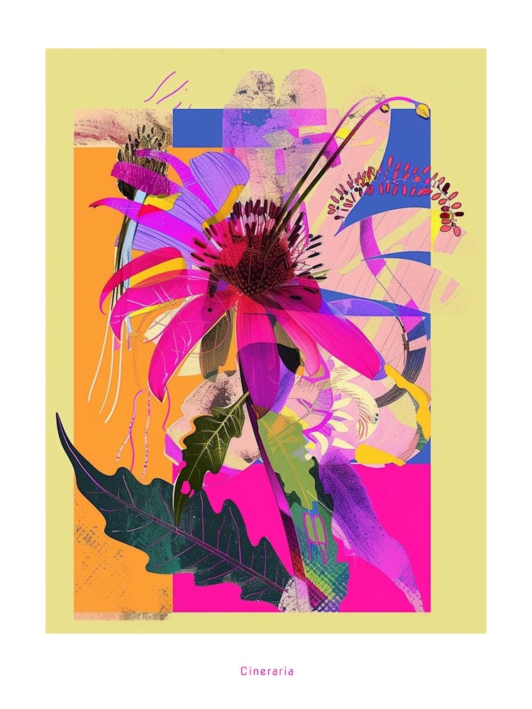Zinerarie 6 Neon Blumen Collage Poster