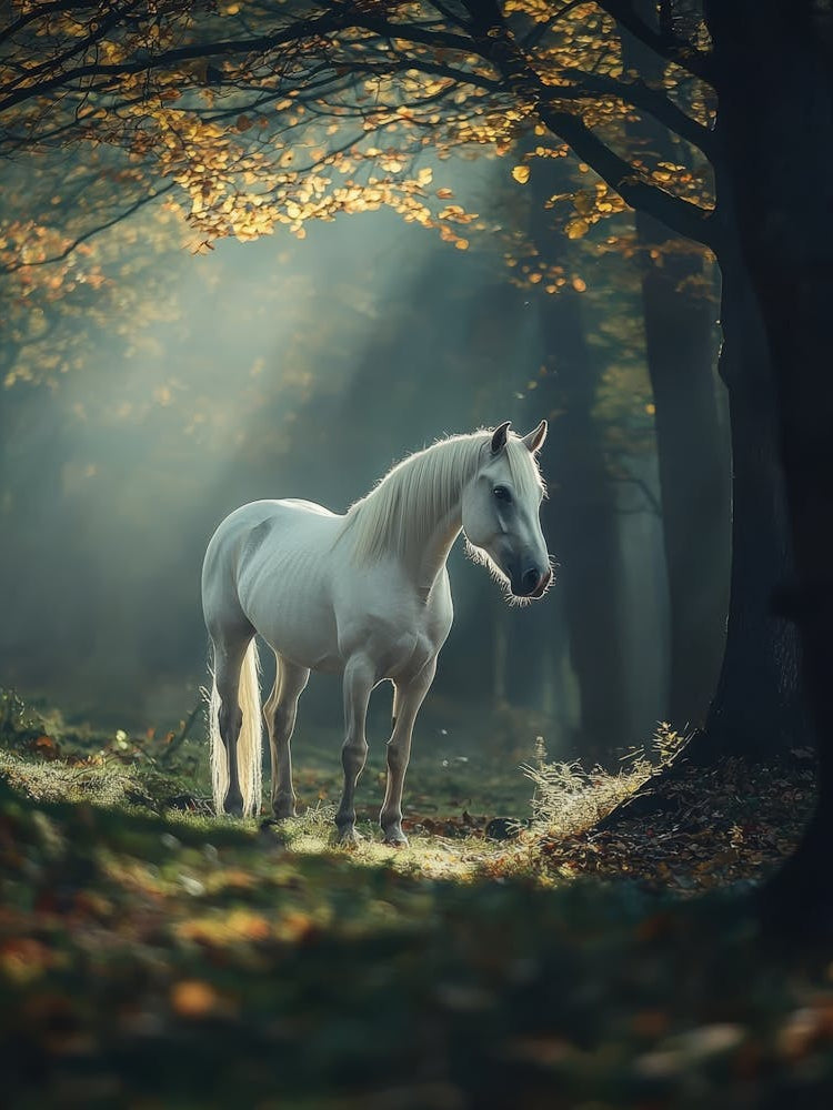 White Horse In The Forest. Generated AI.