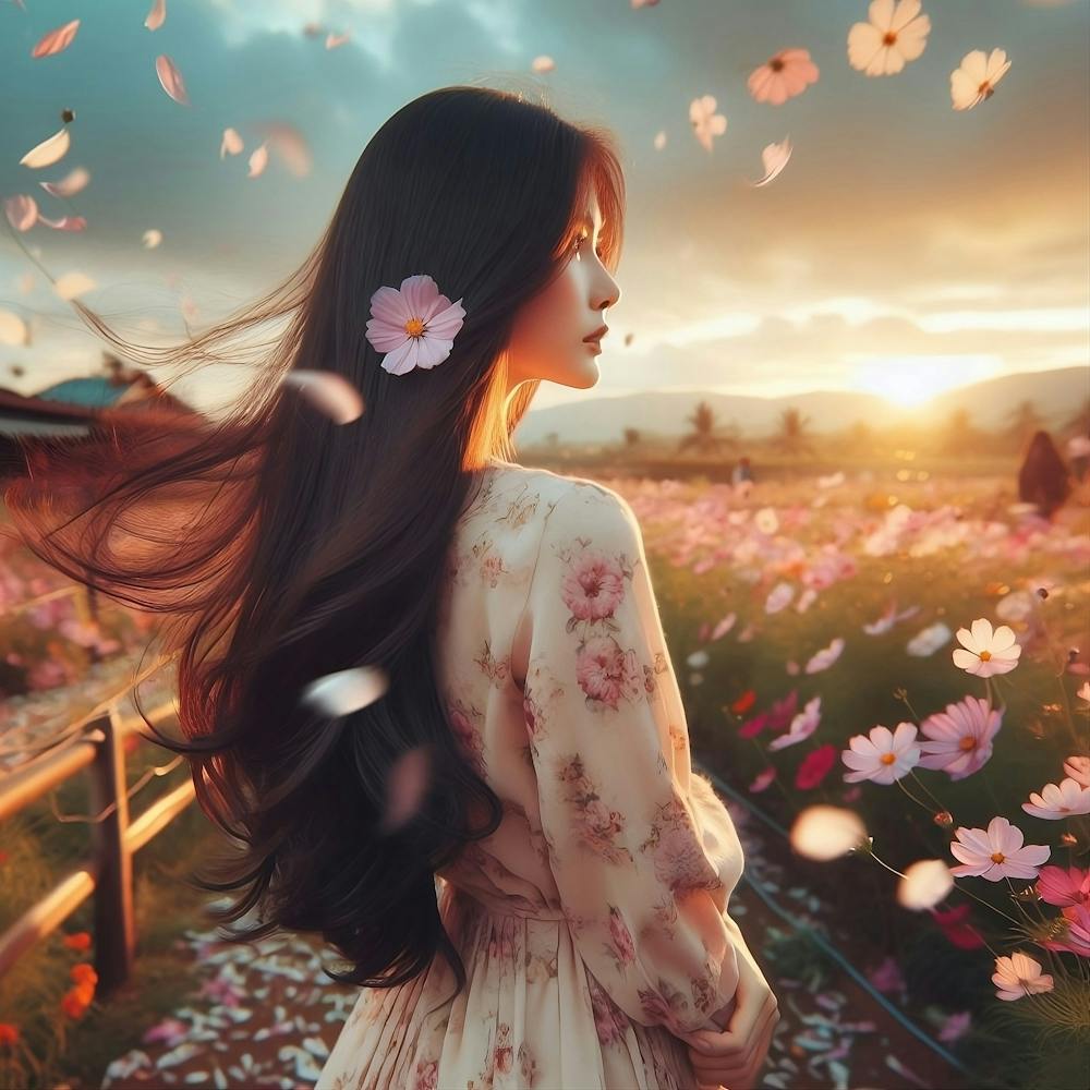 Asian Girl In Flower Field