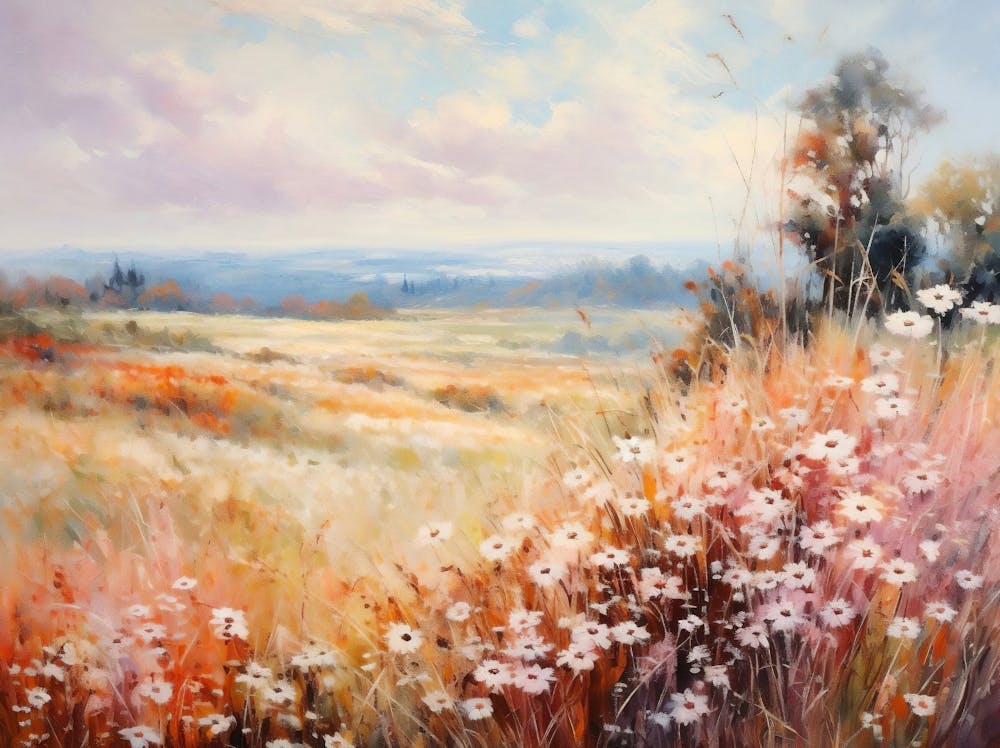 Wildflower Field Landscape Oil Painting, Vintage Landscape, Neutral Country Field Wall Art, Rustic Farmhouse Decor, Printable Art