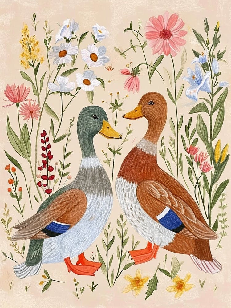 Folksy Floral Animal Drawing Duck 2