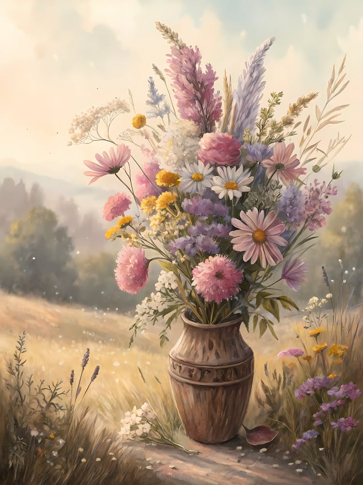 Bohemian Wildflower Bouquet with Pastels Oil Painting Style