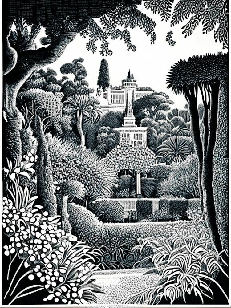 Generalife Gardens, Spain Linocut Black And White Vintage