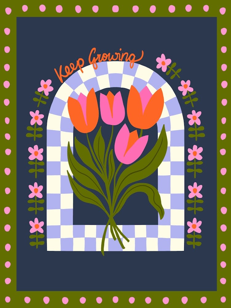 Keep Growing Pink and Red Tulips Vintage Inspired Illustration