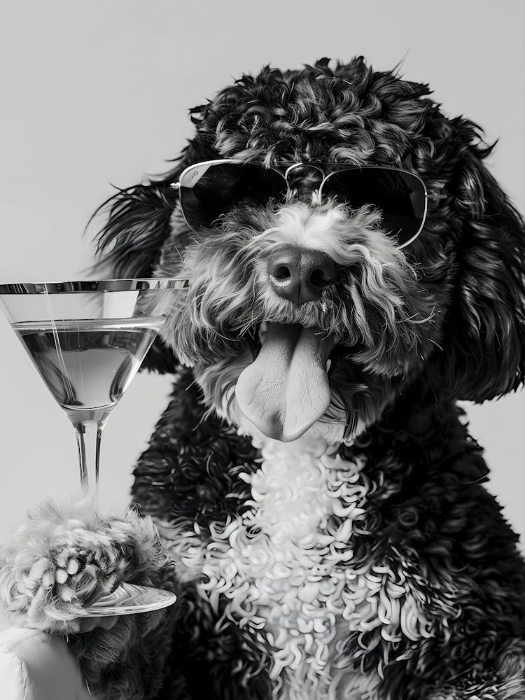 Bernedoodle Holding Cocktail Wall Art, Black And White Print, Dog Gift, Martini Glass Print, Funny Dog Poster, Bar Cart Art Decor