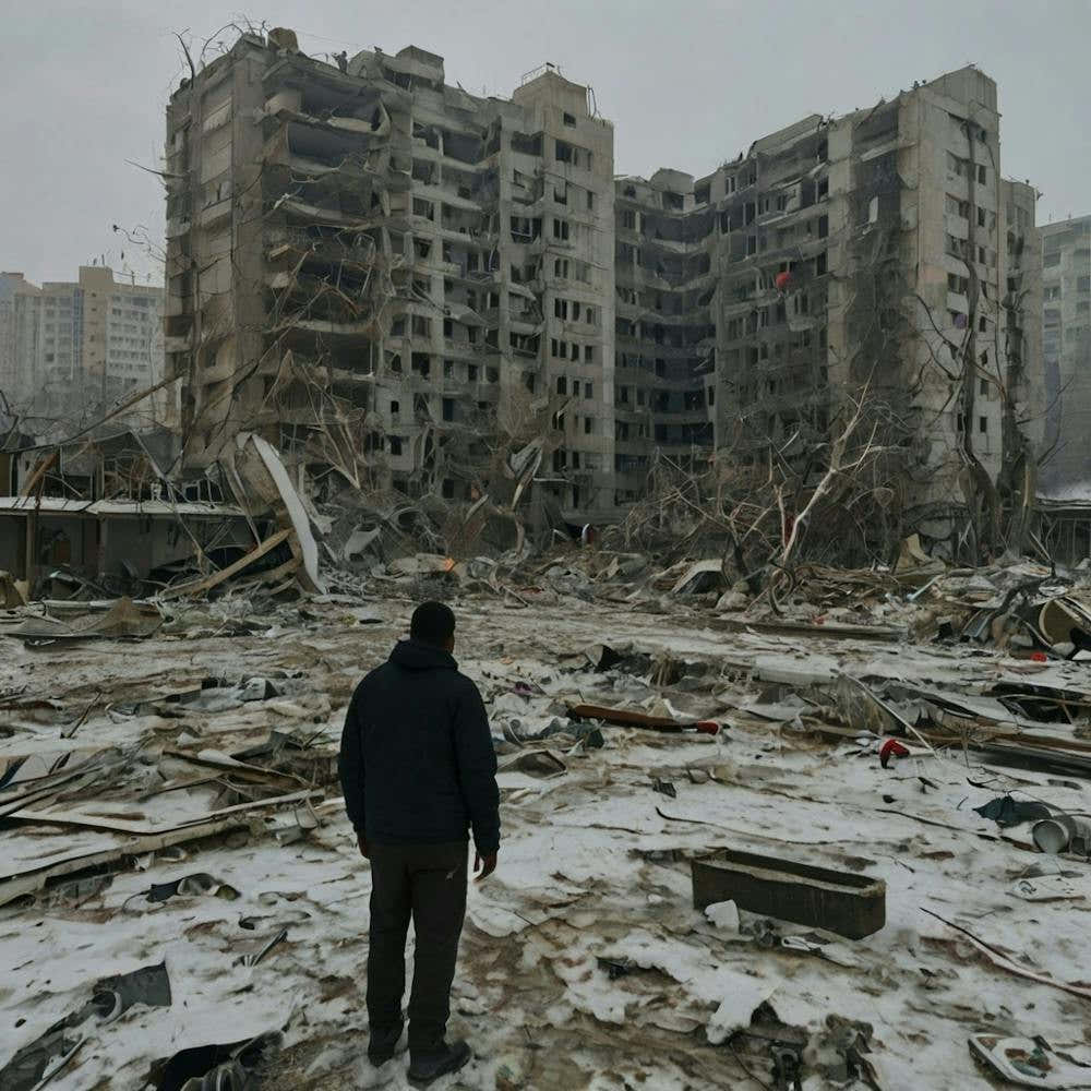 Man Walks Through The Rubble Of An Apartment Building