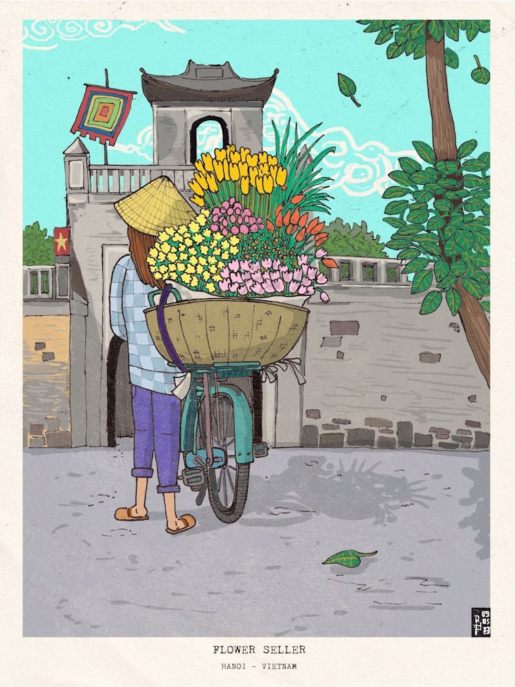 Vietnam Travel - Hanoi Street Art - Flower Seller Vendor Hawker Illustration - Vietnamese Culture