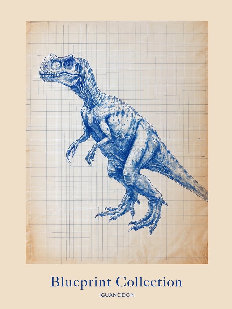 Iguanodon Dinosaur Blue Print Sketch 2 Poster
