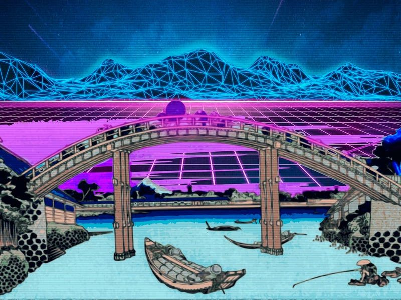 Synthwave Space: view of mount Fuji [synthwave/vaporwave/cyberpunk] — aesthetic poster, retrowave poster, neon poster