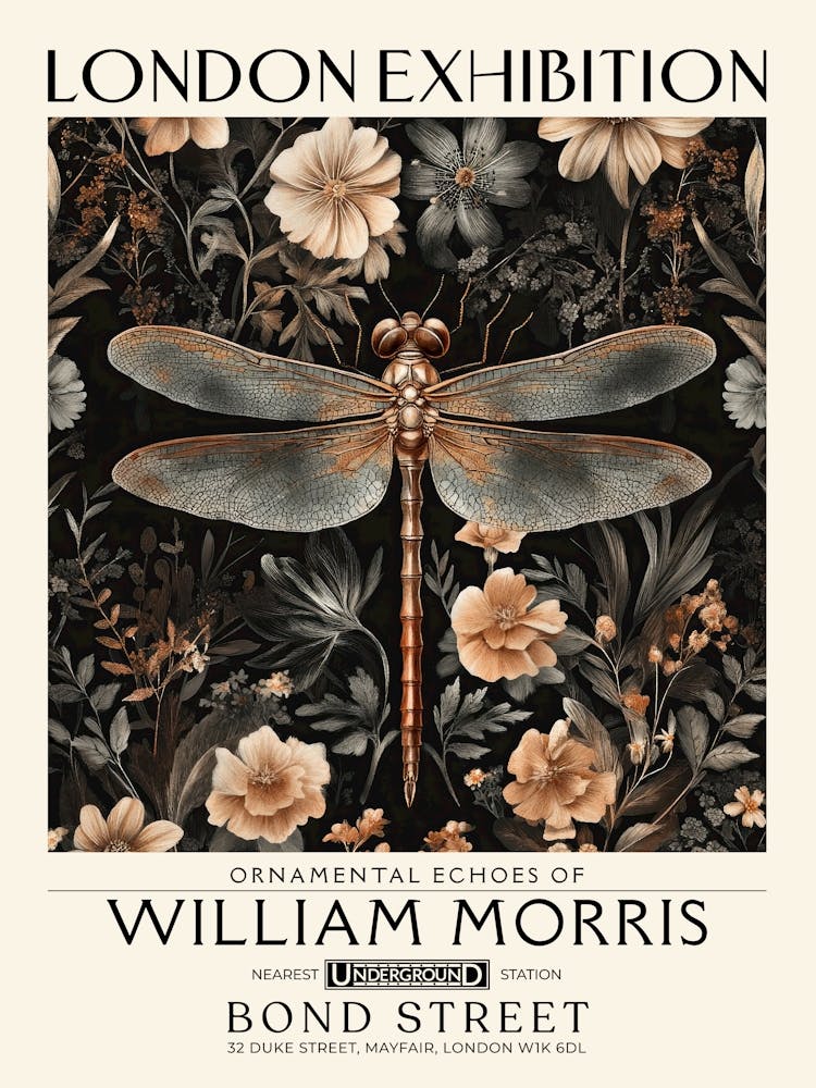 William Morris Dragonfly and floral artwork in Warm earth tones, insect and flower pattern dark academia library Botanical vintage print, living room vintage decor Floral tapestry Victorian nature art 29