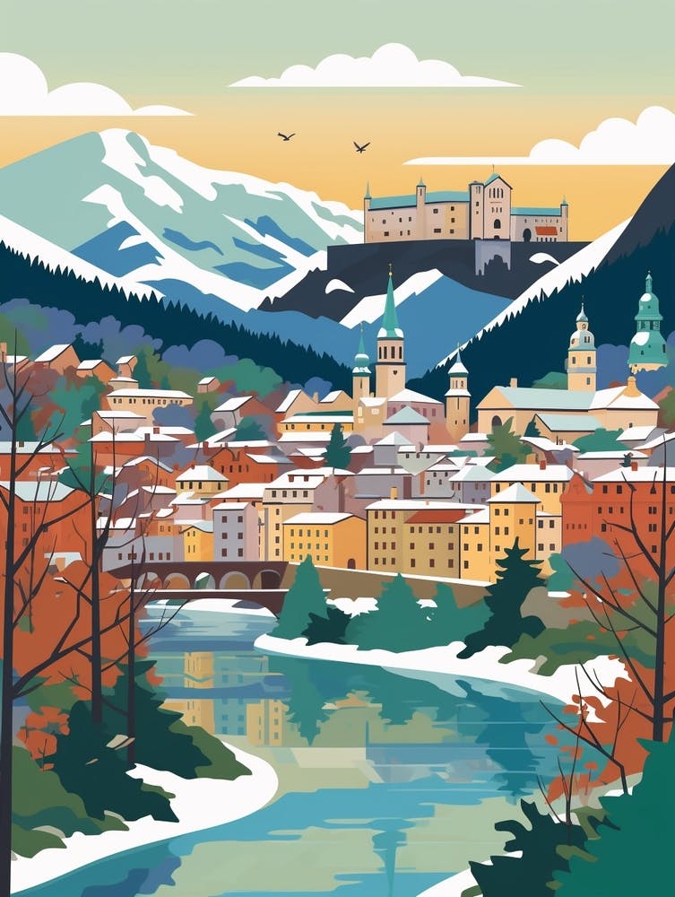 Retro Winter Illustration Salzburg Austria 3