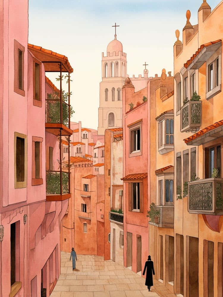 Barcelona Spain 4 Vintage Pink Travel Illustration