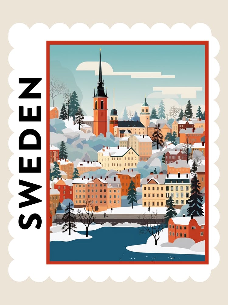 Retro Winter Briefmarken Poster Stockholm Schweden