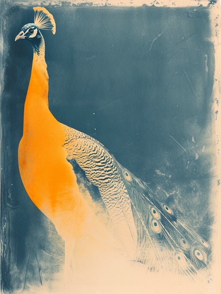 Navy Blue & Orange Vintage Photo Peacock