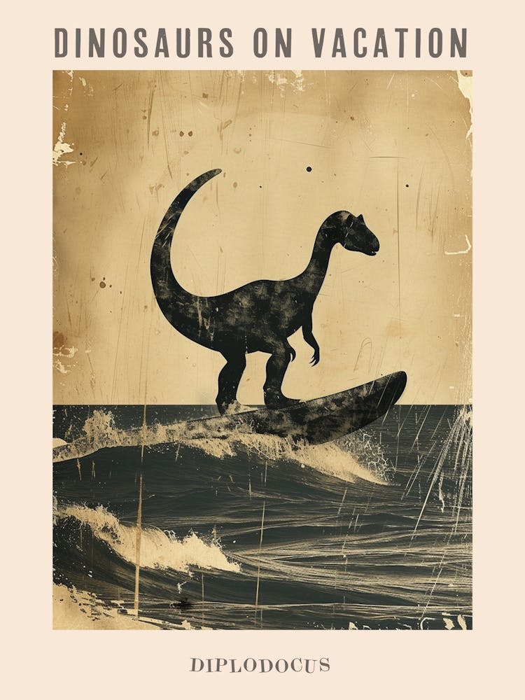 Vintage Diplodocus Dinosaur On A Surf Board 1 Poster