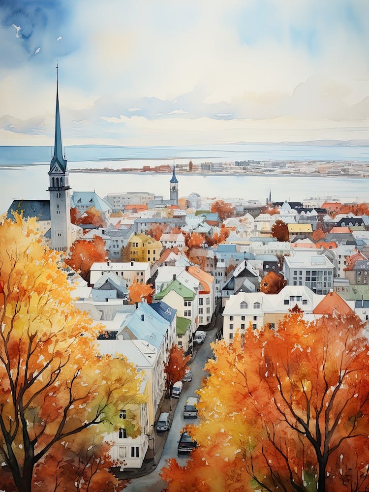 Reykjavik Iceland In Autumn Fall, Watercolour 3