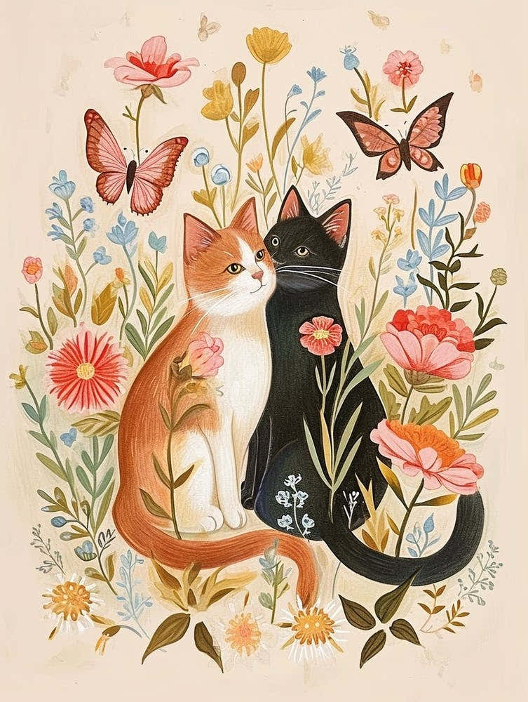 Folksy Floral Animal Drawing Cat 7