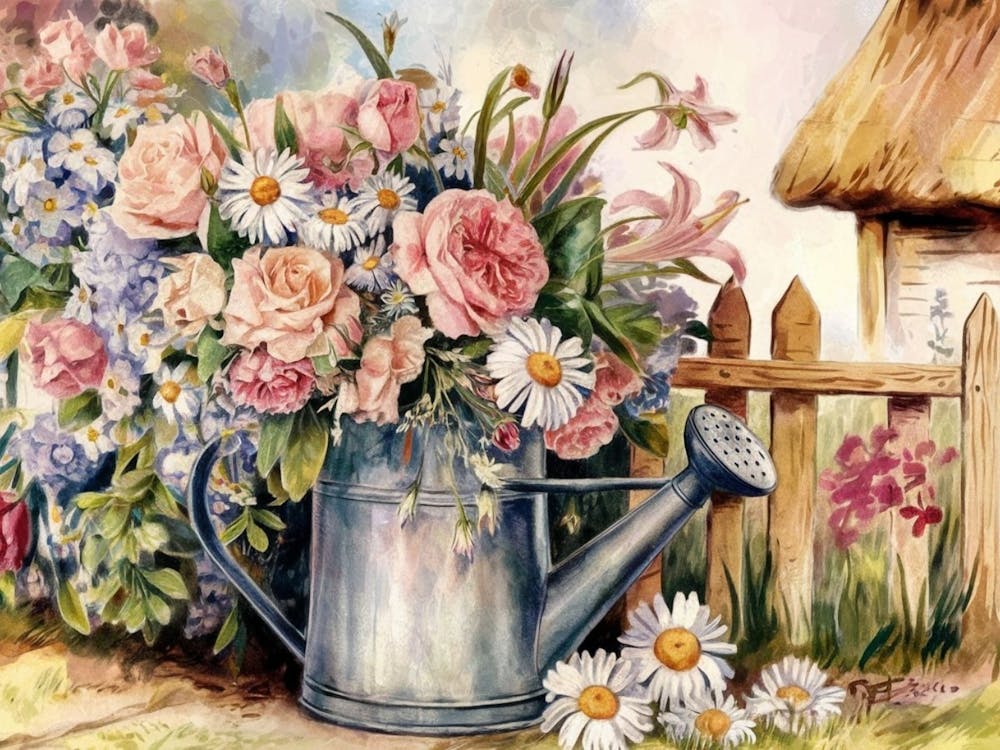 Watering Can with Summer Blooms - A Vibrant Garden Still Life