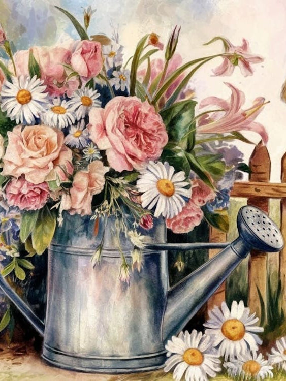 Watering Can with Summer Blooms - A Vibrant Garden Still Life