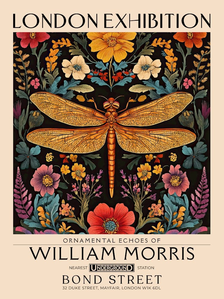 William Morris Libellen- und Blumenkunstwerk, Insekten- und Blumenmuster, Vintage Botanikdruck für Cottagecore, Maximalisten-Dekor, Blumentapisserie, Viktorianische Naturillustration, Vintage-Schlafzimmerdekor 4