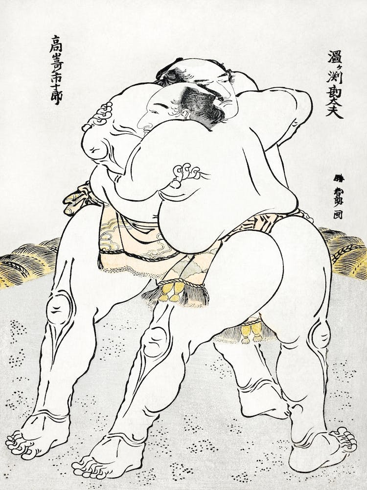 Sumo Wrestlers Vintage Japanese Woodblock, Katsushika Hokusai