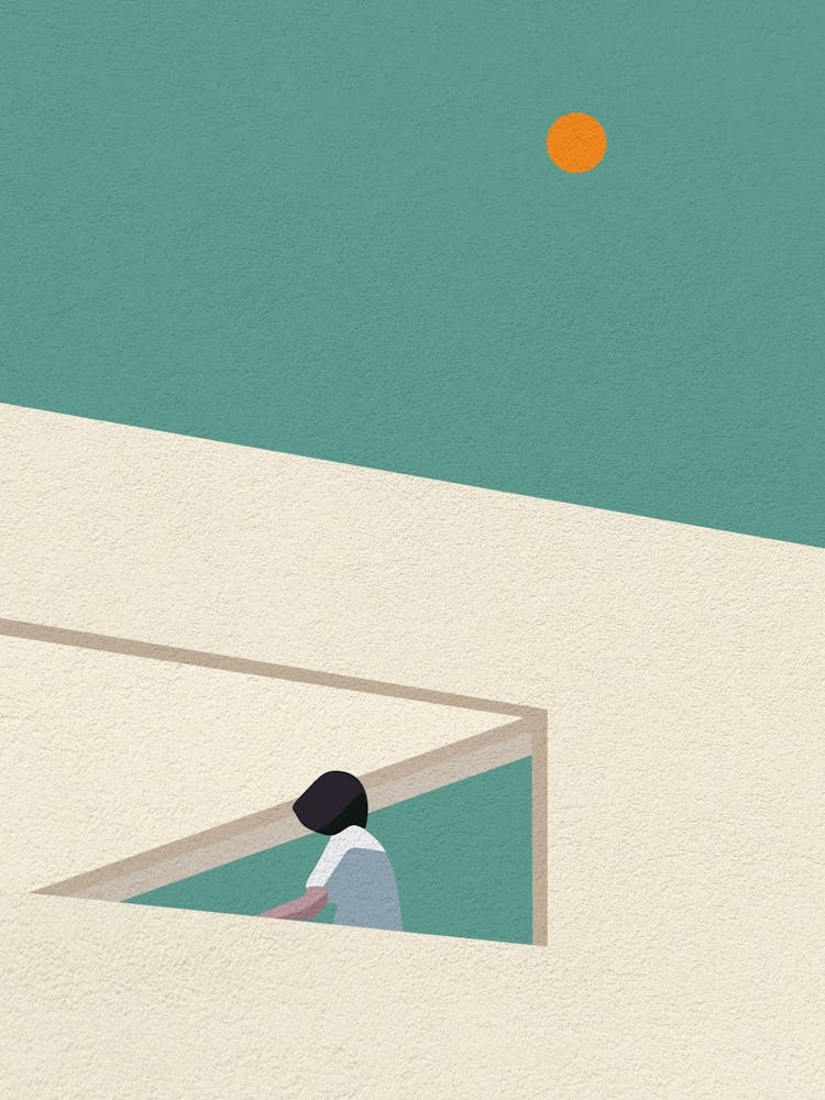 Minimal art Girl Sitting On A Bench