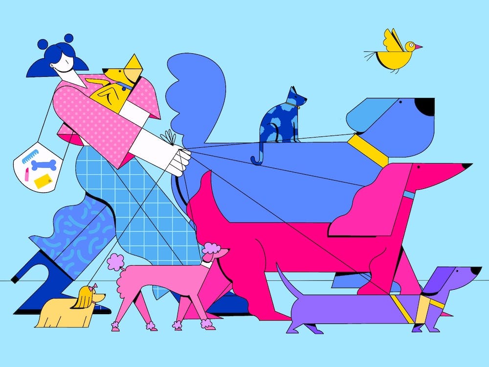 Dog Sitting Blue & Pink