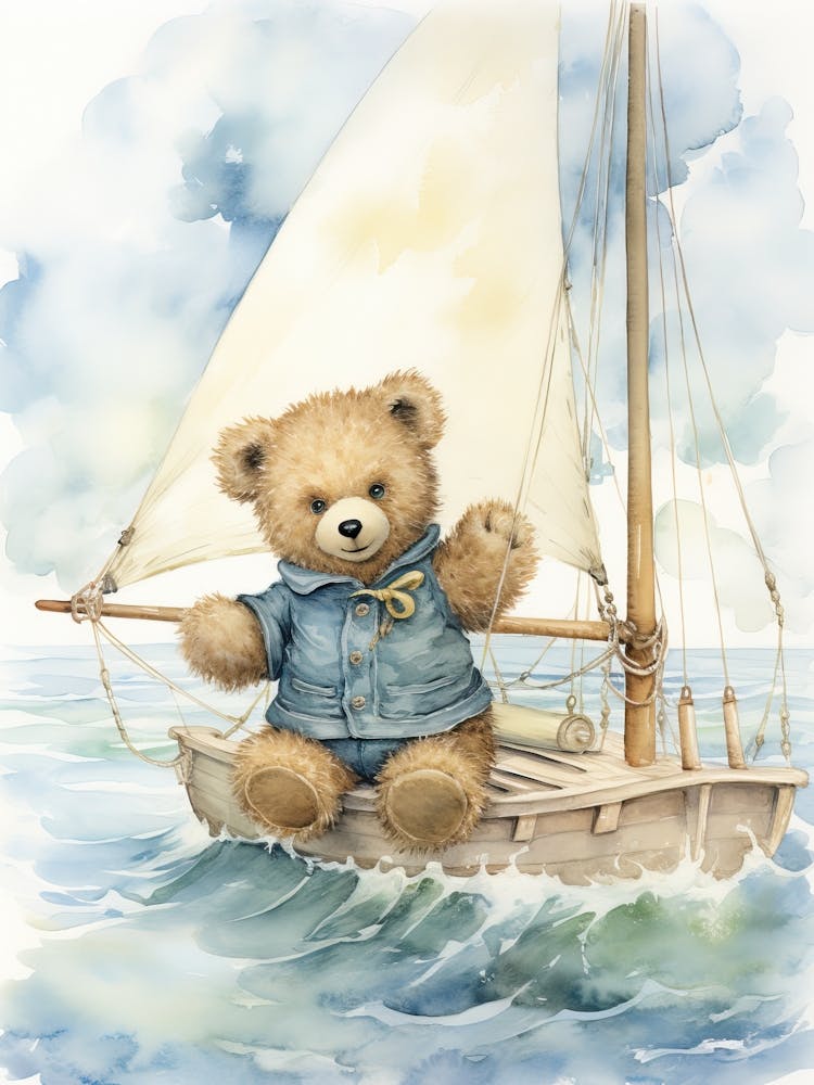 Sailing Teddy Bear Painting Watercolour 1