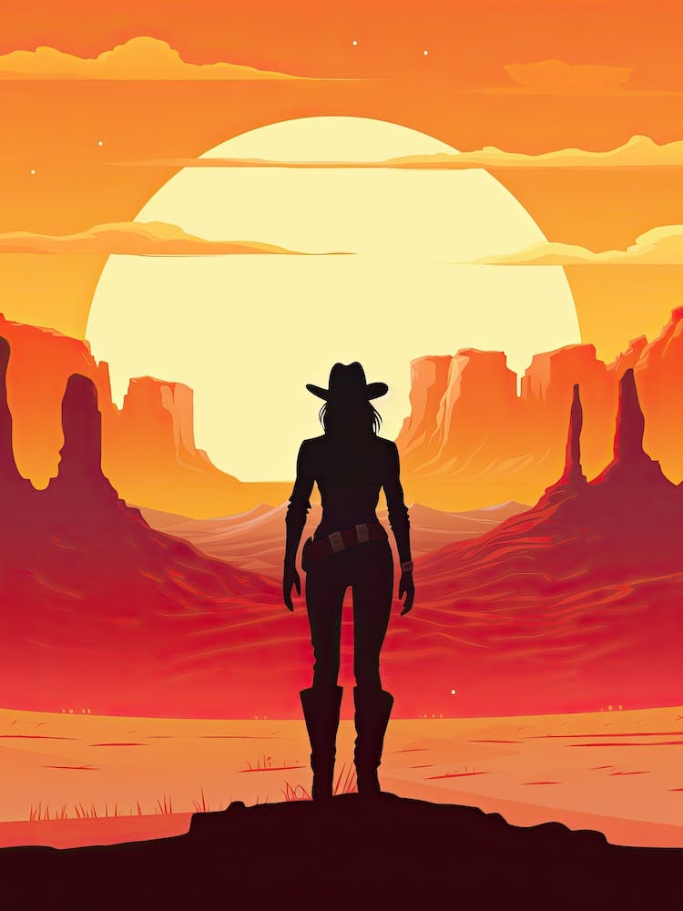 Cowgirl Riding A Horse In The Desert Orange Tones Illustration 10