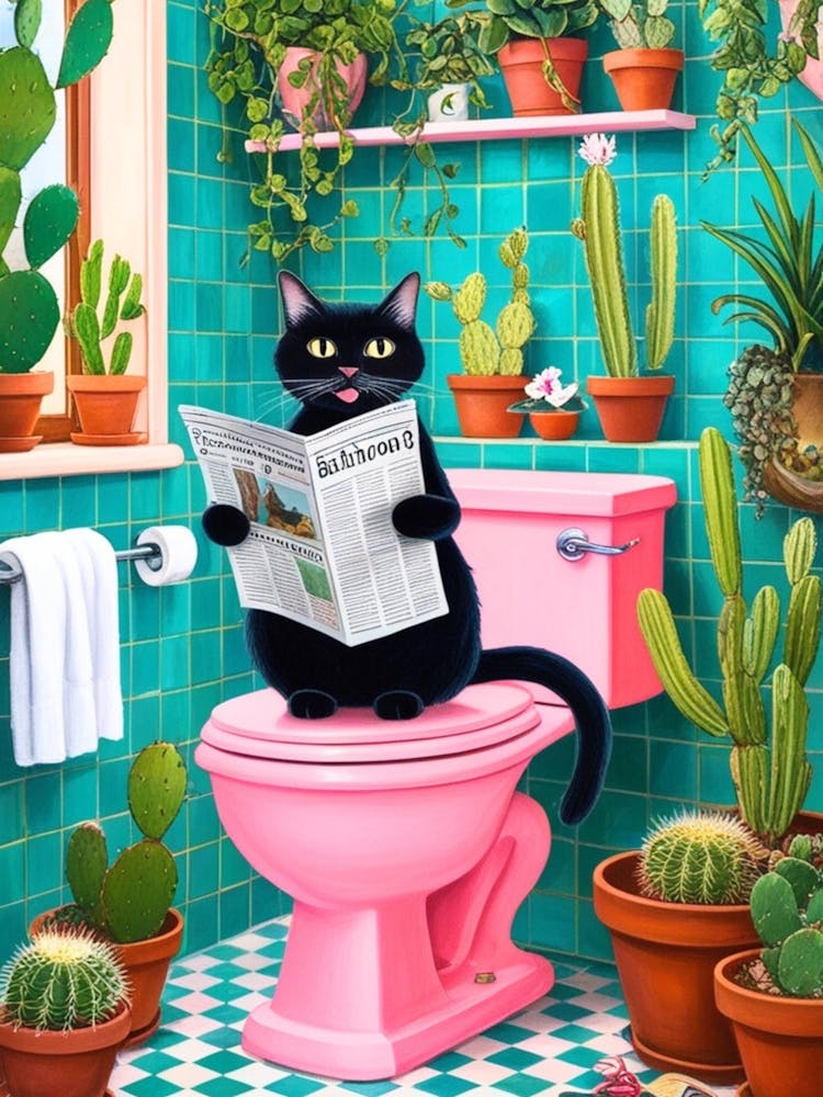 Cat Reading Newspaper In Bathroom