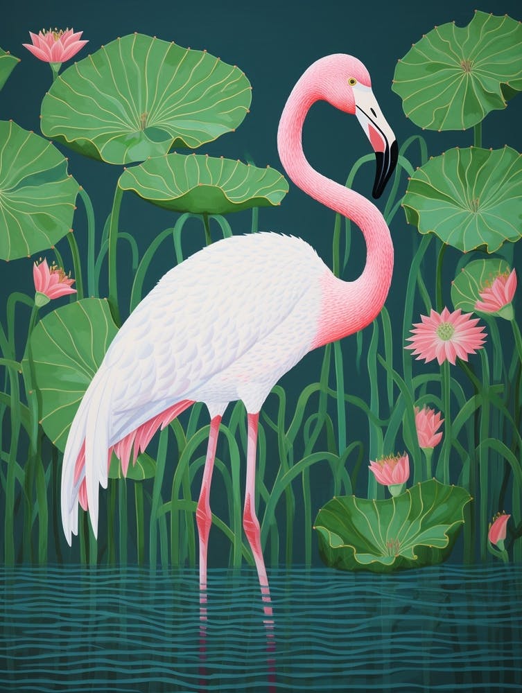 Ohara Koson Inspired Bird Painting Flamingo 3
