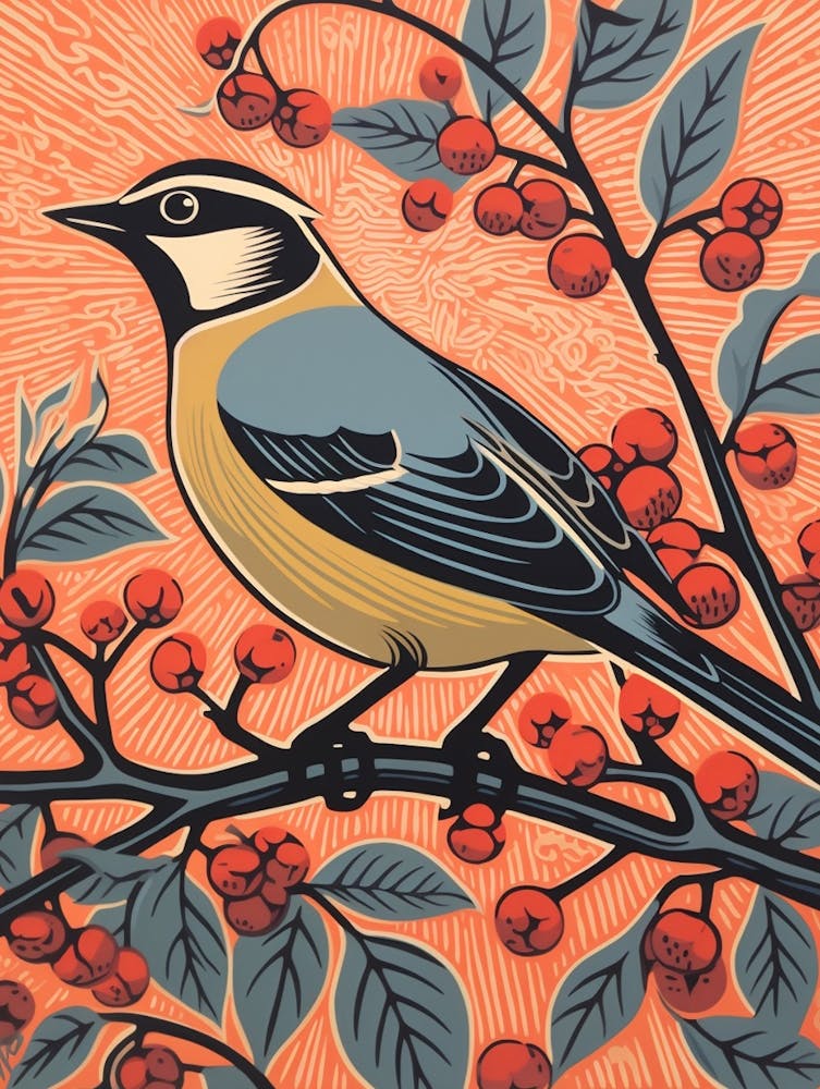 Vintage Bird Linocut Cedar Waxwing 3